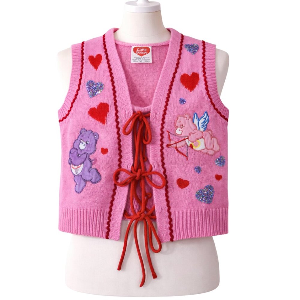 Care Bears Pink Knit Sweater Vest Hearts Tie Front Adult XS
